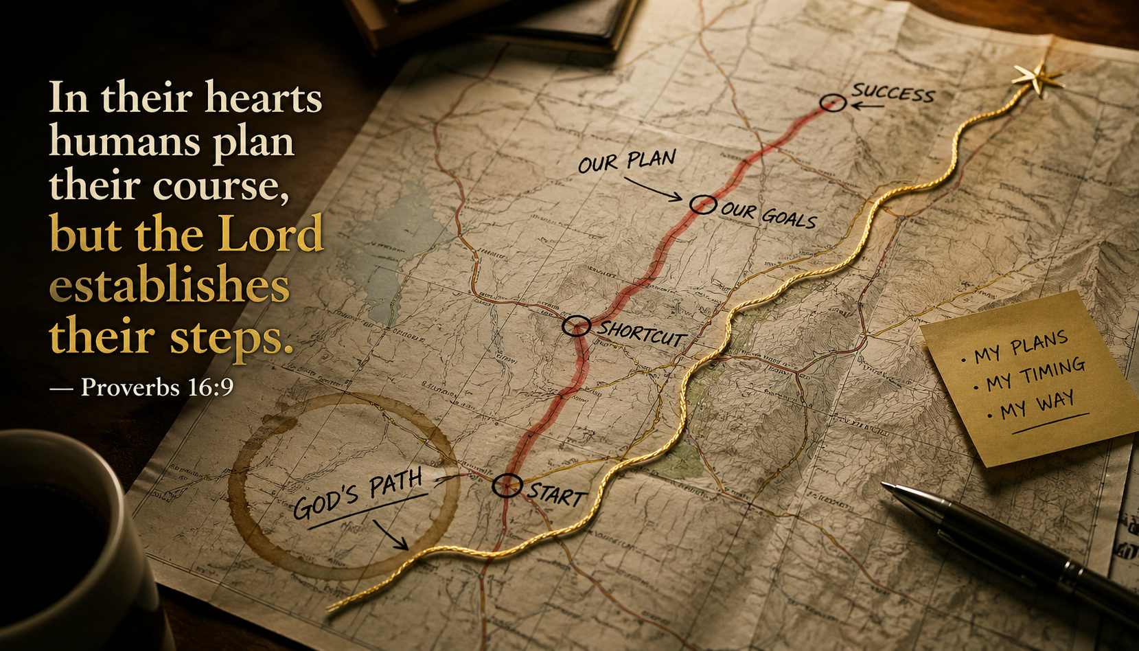 Proverbs 16:9 — The Lord Establishes Your Steps | Map and Golden Thread Wallpaper